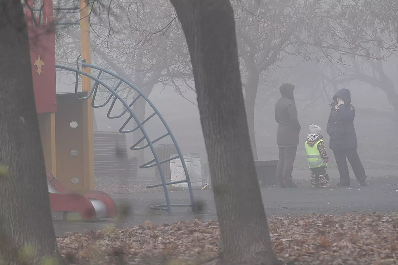 Горожане на детcкой площадке во время тумана на улице Крупской.
