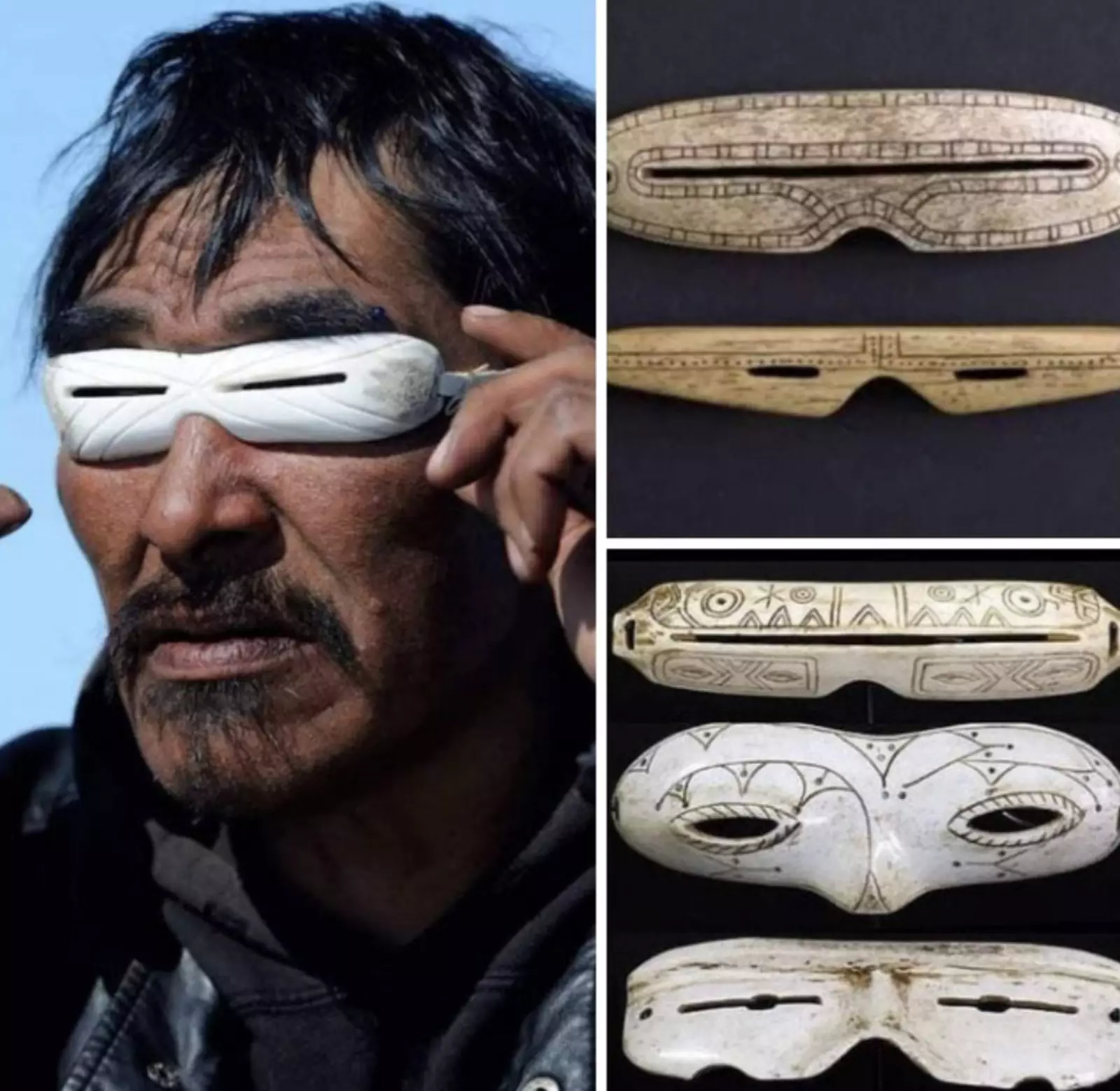 Народы, проживающие на Аляске и в Северной Канаде вырезали в слоновой кости прорези, создавая специальные очки. Они были нужны, чтобы снизить нагрузку на глаза и предотвратить снежную слепоту. 