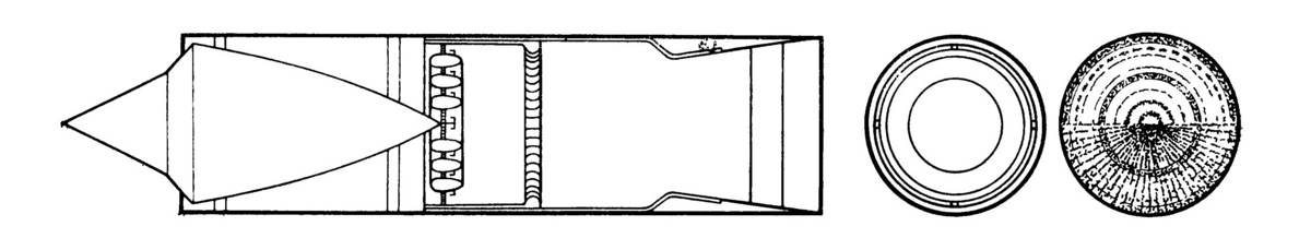 Сверхзвуковой прямоточный воздушно-реактивный двигатель для межконтинентального бомбардировщика НИИ-1 МАП. Эскиз из статьи М.В. Келдыша «О силовой установке стратосферного сверхскоростного самолёта» (1947)