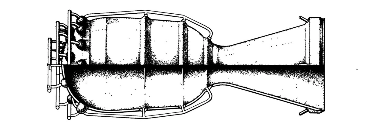 Жидкостный ракетный двигатель для межконтинентального бомбардировщика НИИ-1 МАП. Эскиз из статьи М.В. Келдыша «О силовой установке стратосферного сверхскоростного самолёта» (1947)