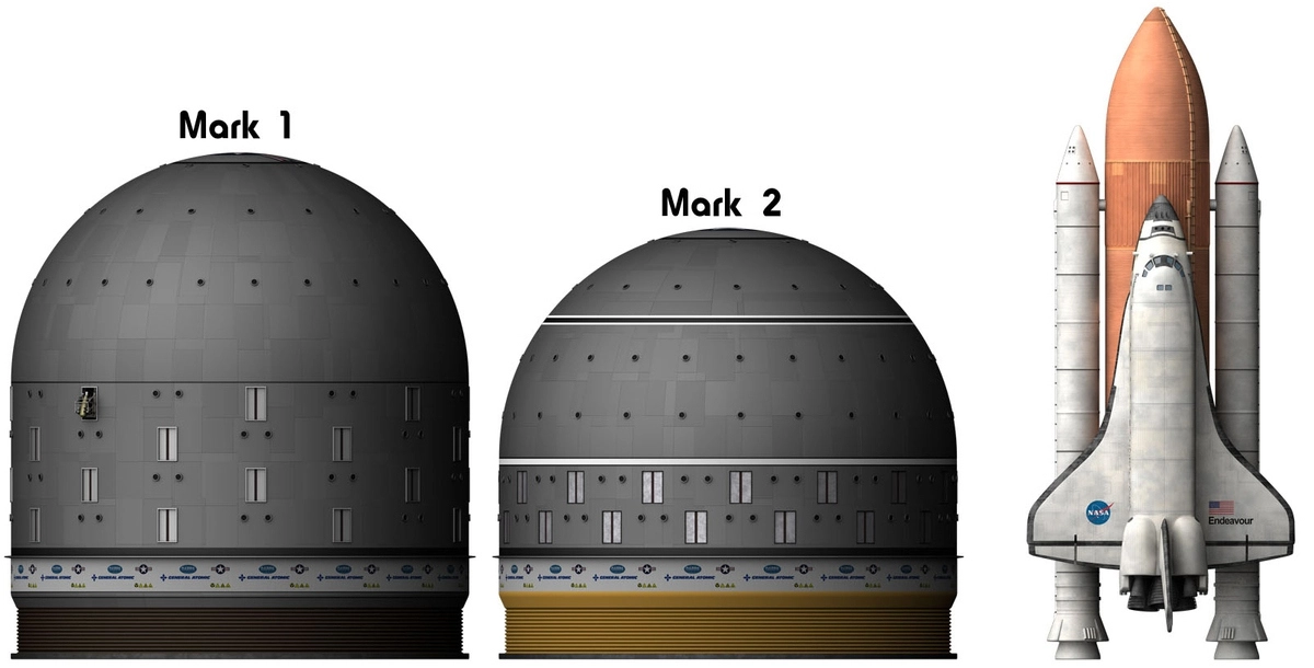 Взрыволёты Mark 1 и Mark 2 в представлении современного художника Ника Стивенса; для сравнения размеров иллюстрация дополнена изображением ракетно-космической системы Space Shuttle