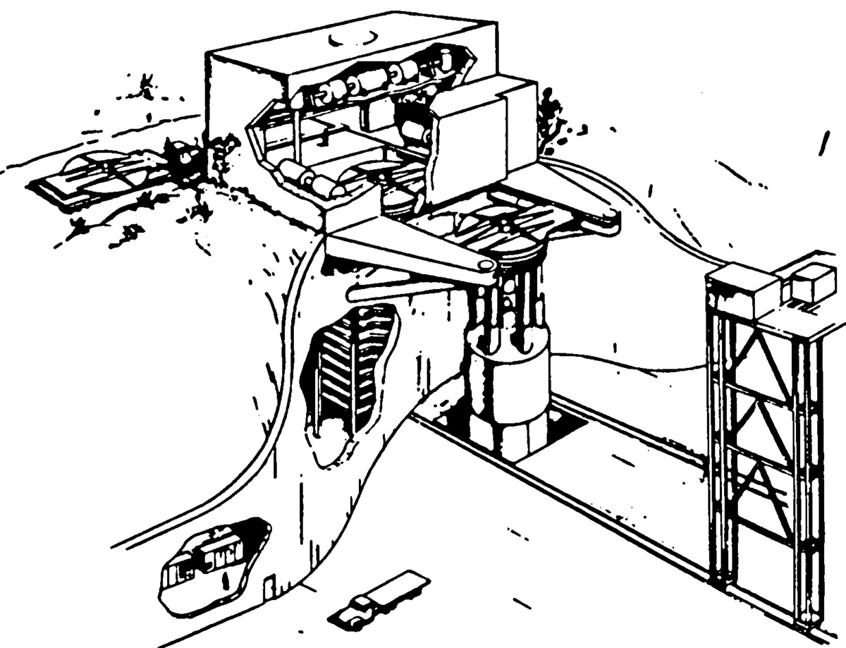 Общий вид испытательной установки взрывного импульса. Архивная иллюстрация из книги Джорджа Дайсона «Project Orion. 