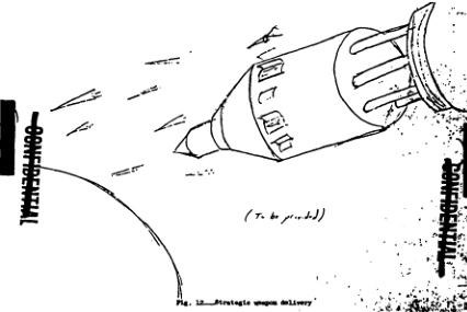 Зарисовка одного из возможных военных применений взрыволёта типа «Orion»: нанесение массированного ядерного удара по наземным целям с орбиты. Архивная иллюстрация из книги Джорджа Дайсона «Project Orion. 
