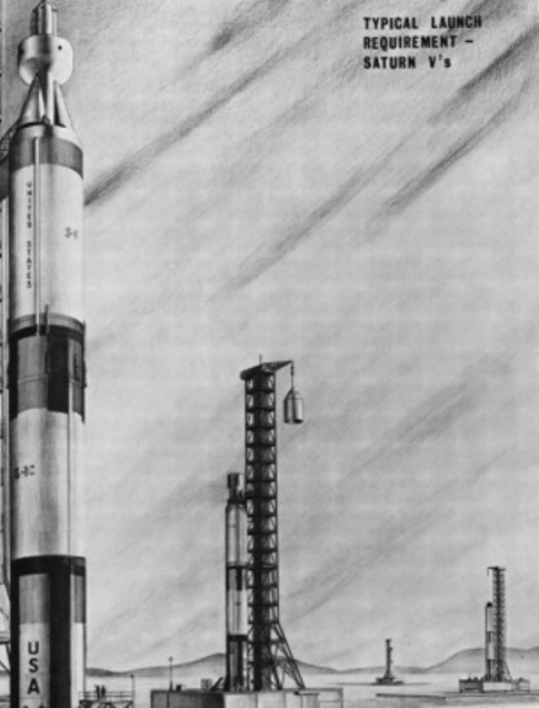 Стартовый комплекс ракет-носителей «Saturn V» при подготовке к запуску на орбиту модулей межпланетного корабля «Orion». Архивная иллюстрация из коллекции Скотта Лоузера 
