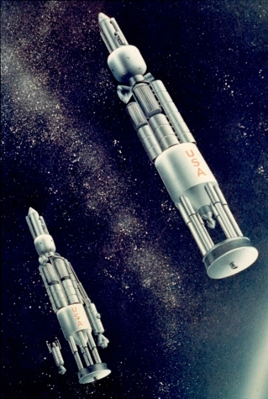 Два взрыволёта «Orion» готовятся к полёту на Марс. Архивная иллюстрация из коллекции Скотта Лоузера 