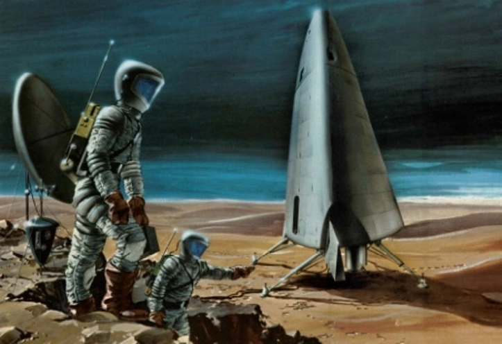 Астронавты экипажа взрыволёта «Orion» на поверхности Марса. Архивная иллюстрация из коллекции Скотта Лоузера 
