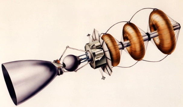Один из вариантов взрыволётного межпланетного корабля, разработанного в рамках проекта «Helios». Архивная иллюстрация из коллекции Скотта Лоузера 