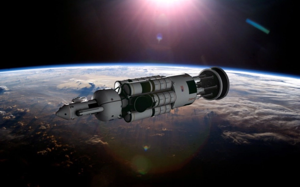 Взрыволёт «Orion» на околоземной орбите в представлении современного художника. Иллюстрация из коллекции Скотта Лоузера