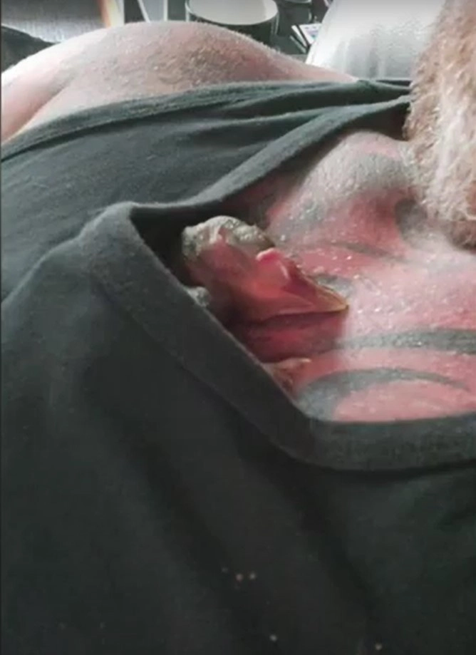 Маленький Рассел спит на груди у Ли.