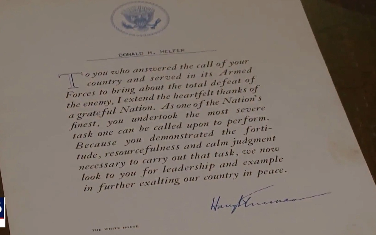 Письмо Дональду Хелферу от президента США Гарри Трумэна.