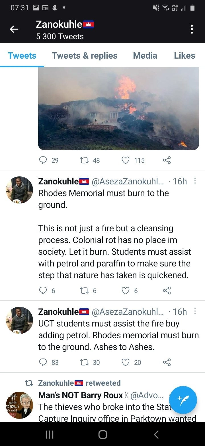 Студенты Кейптаунского университета должны помочь огню, плеснув бензина. Мемориал Родса необходимо уничтожить. Пепел к пеплу.
