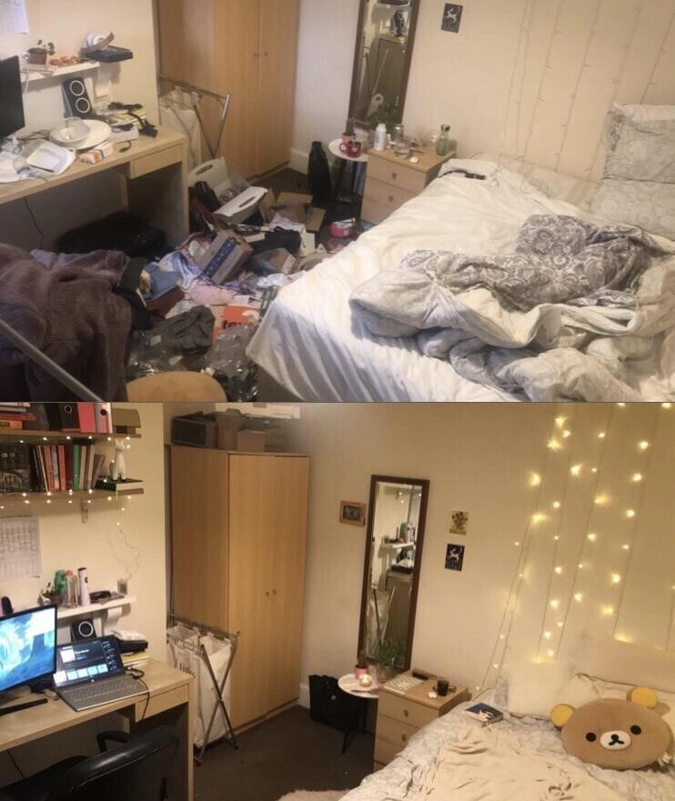 Комната человека во время депрессии и после лечения 