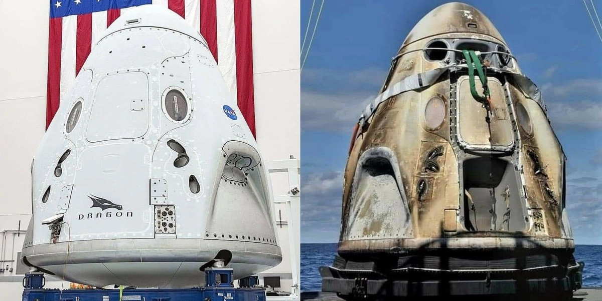 Космический корабль Crew Dragon до и после запуска 