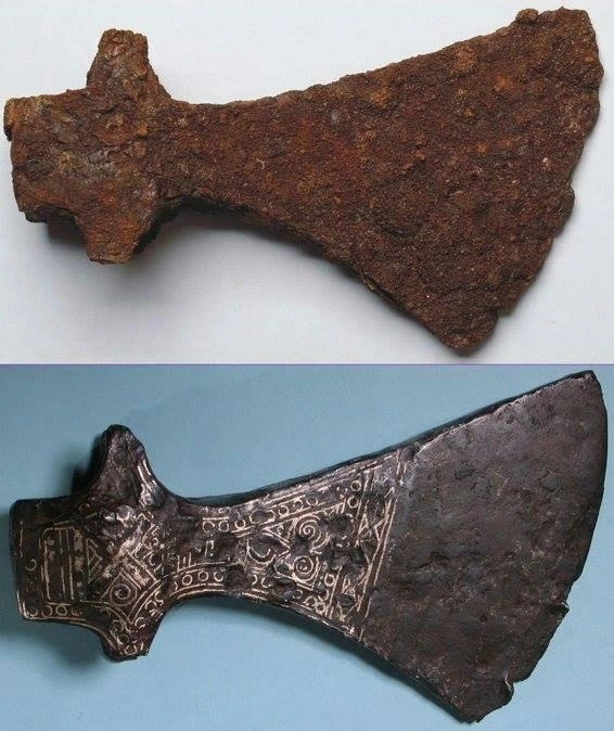 Топор, принадлежавший викингу, до и после реставрации 