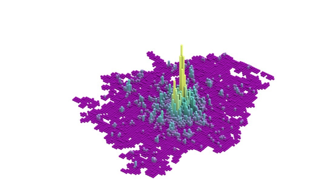 Модель распределения заведений в Лондоне, построенная по данным OSM. Площадь Лондона больше площади Большого Парижа в 2 раза.