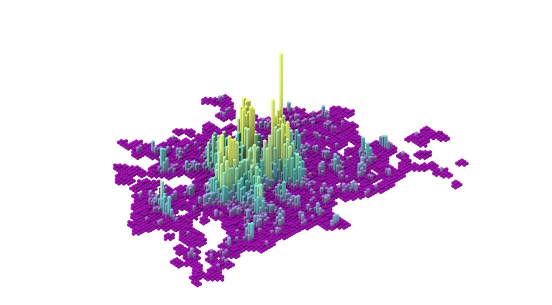 Модель распределения заведений в Берлине, построенная по данным OSM. Берлин по размерам и числу заведений сопоставим с Большим Парижем, но обгоняет его по насыщенности заведениями общепита.