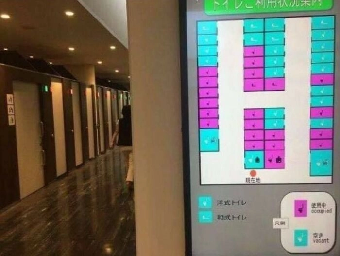 В некоторых уборных в Японии расположены экраны, на которых показаны, какие кабинки заняты 