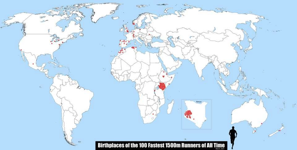 Красным отмечены места, где родились топ-100 самых быстрых бегунов на дистанции в 1500 метров 