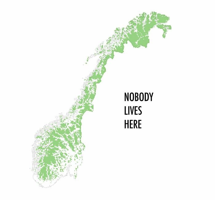 Карта Норвегии. Зеленые квадраты - это зона, где никто не проживает 