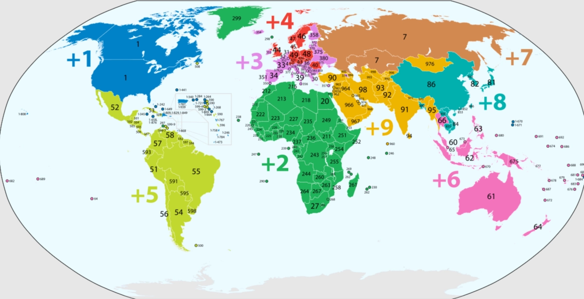 А на этой карте отмечены телефонные коды разных стран 