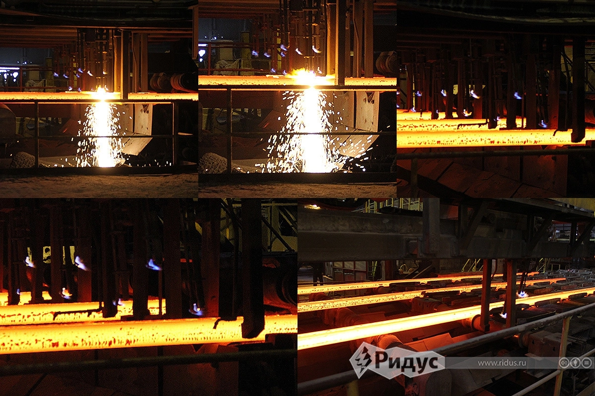 Выход и автоматическая резка готовой продукции МНЛЗ (стальная непрерывнолитая заготовка квадратного сечения).