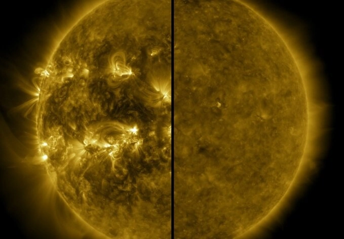 Солнце в максимуме активности в апреле 2014 года (слева) и в минимуме — в декабре 2019 года. 