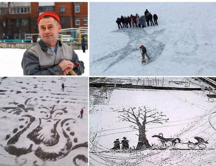 Дворник из Ижевска зимой на снегу рисует удивительные картины. 