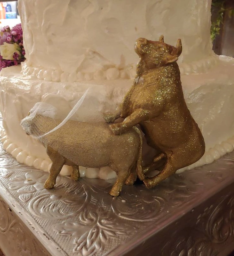 Кто-то из гостей решил немного усовершенствовать положение фигурок на торте. 