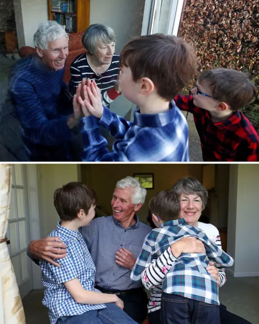 Внуки навещают бабушку с дедушкой во время пандемии и их первая встреча после вакцинации. 