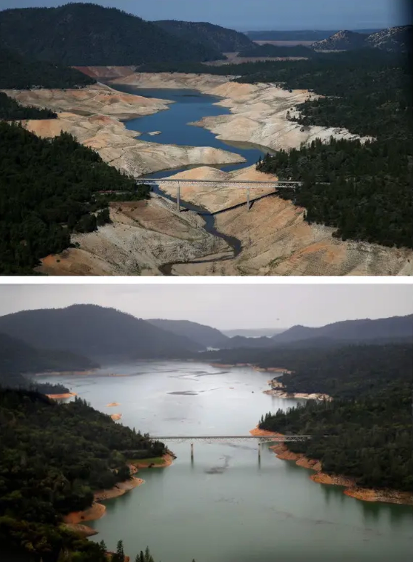 Озеро Оровилл в Калифорнии в 2014 год после долгой засухи, и это же место спустя три года. 