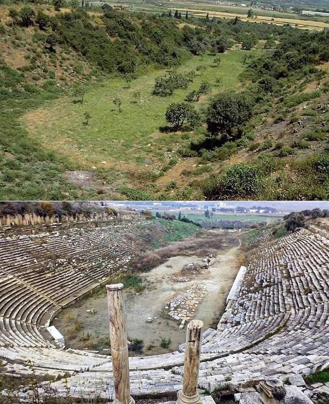 Древнегреческий стадион до и после раскопок. 