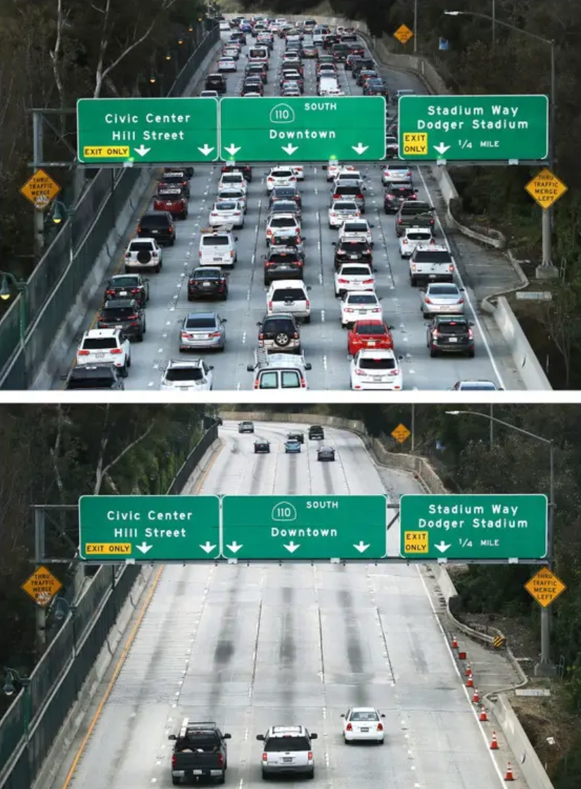 Пробка в Лос-Анджелесе в час-пик до пандемии и движение в это же время во время карантина. 