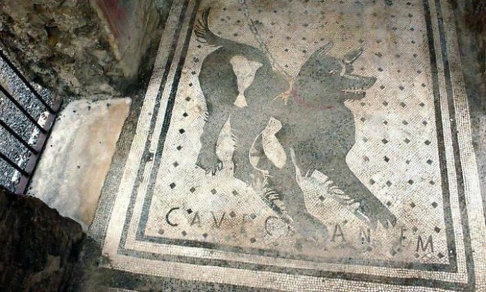 Один из старейших в мире знаков «Остерегайтесь собак», найденный в руинах Помпеи (Италия)