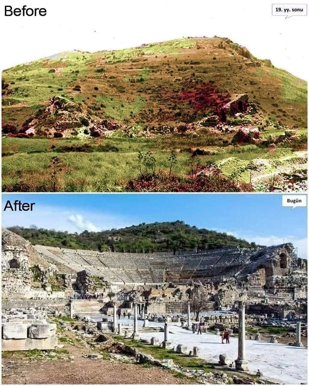 Театр Эфеса до раскопок и после. 