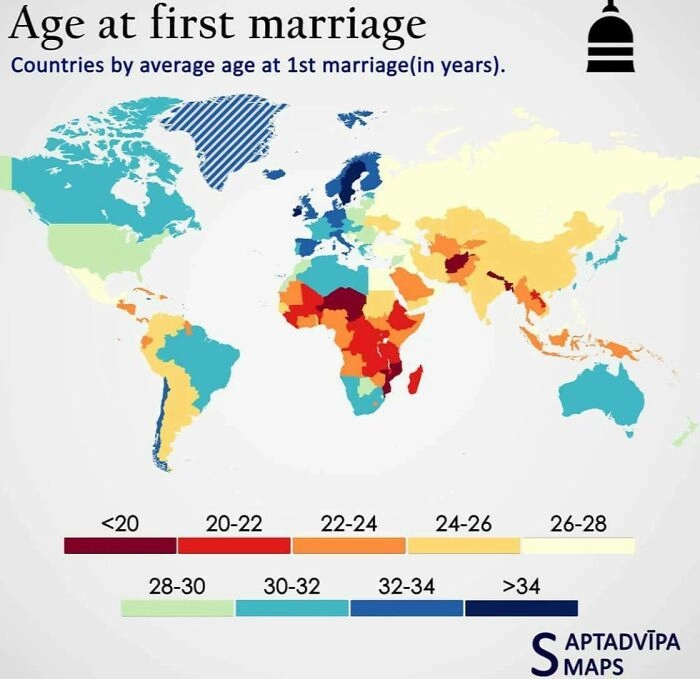 Карта, на которой отмечен средний возраст вступления в первый брак.