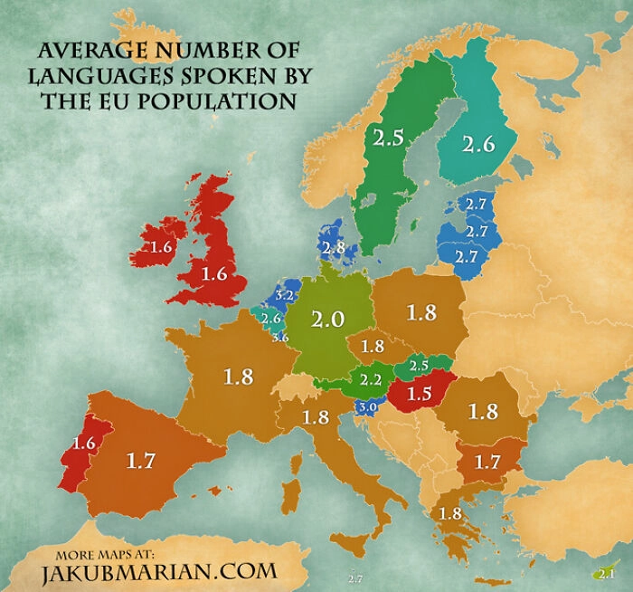 Среднее количество языков, на которых говорят жители разных стран Европы.