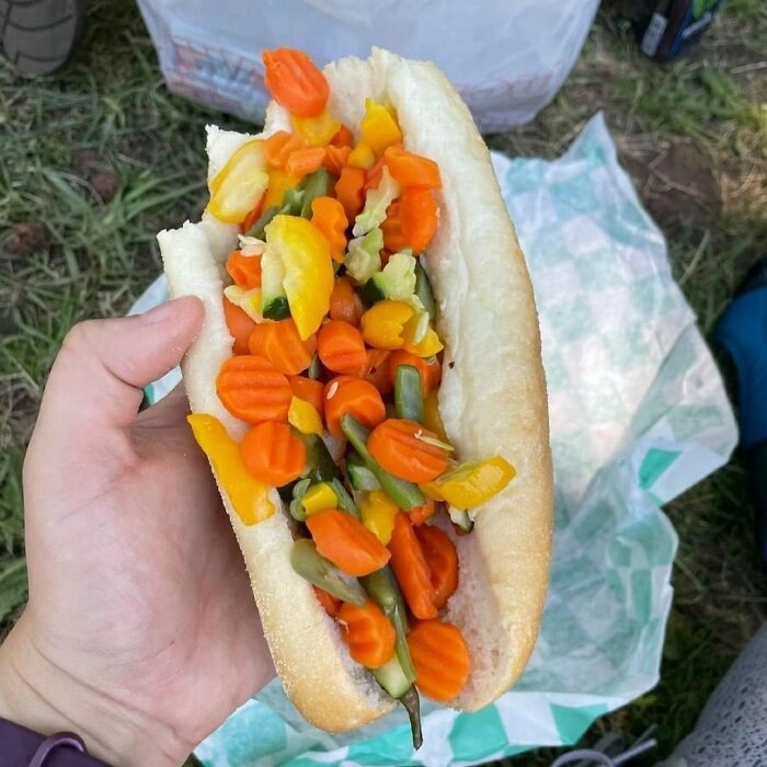 Вегетарианский сэндвич на гриле, который больше похож на булку с вареными овощами. 