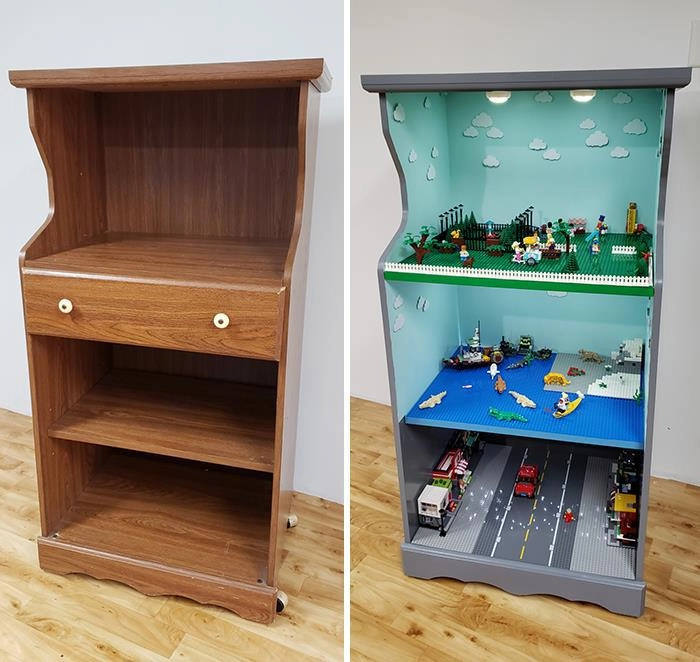 “Переделал старую полку для микроволновки в подставку для конструктора LEGO. Дети в восторге”. 