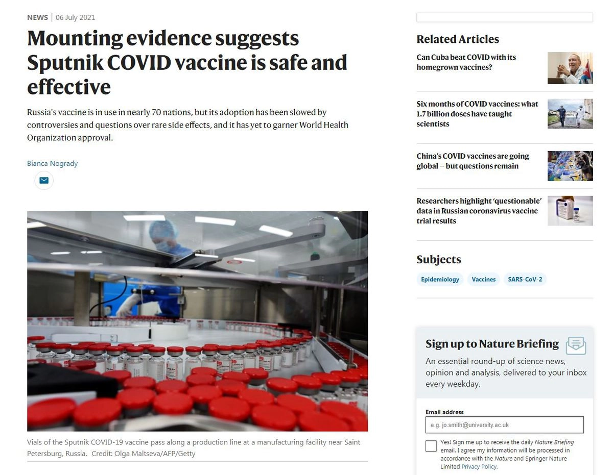 "Растущее количество данных свидетельствует о том, что вакцина Sputnik от COVID безопасна и эффективна", гласит заголовок статьи в журнале Nature. "Растущее количество данных свидетельствует о том, что вакцина Sputnik от COVID безопасна и эффективна", гласит заголовок статьи в журнале Nature.