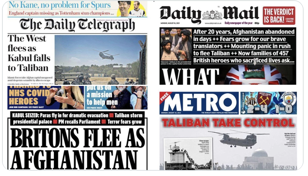 Исторические обложки утренней прессы Соединённого Королевства: Daily Telegraph: Запад отступает - талибы берут Кабул Daily Mail: За что наши солдаты отдавали свои жизни?!