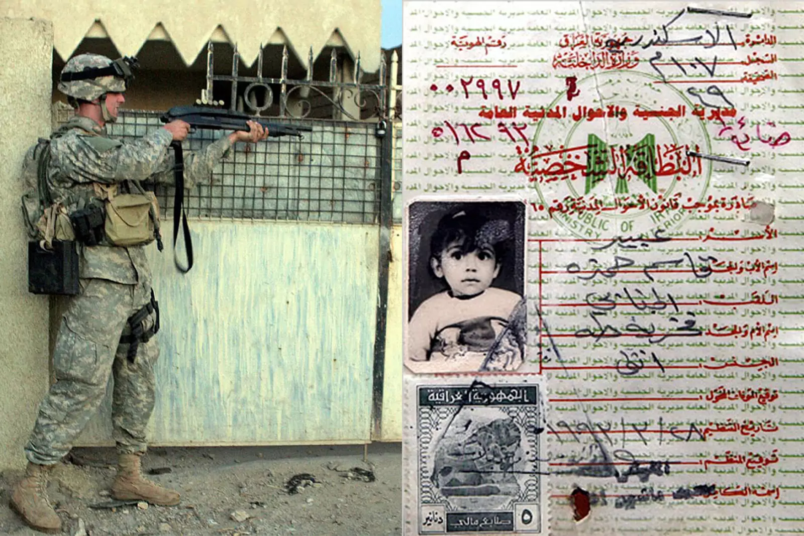 Слева один из солдат США Стивен Грин, который расстрелял отца, мать и сестру девочки, прежде чем изнасиловать ее и убить. Справа иракский идентификационный документ, на котором Абир Касим Хамза в возрасте 2 лет. Дата рождения — 19 августа 1991 года.