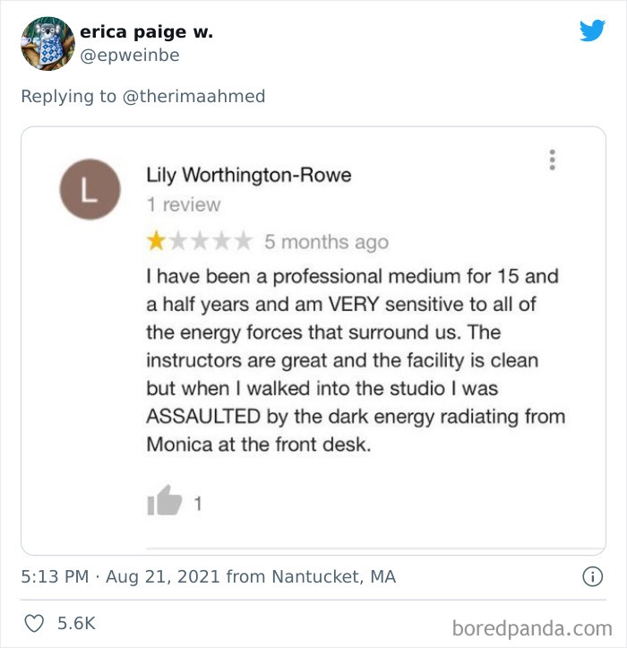 В течение 15 с половиной лет я была профессиональным медиумом, поэтому ОЧЕНЬ чувствительна ко всем энергетическим потокам вокруг. Инструкторы были отличные, внутри было чисто, но когда я вошла в студию, меня СБИЛА С НОГ темная энергетика, излучаемая Моникой за первым столом. В течение 15 с половиной лет я была профессиональным медиумом, поэтому ОЧЕНЬ чувствительна ко всем энергетическим потокам вокруг. Инструкторы были отличные, внутри было чисто, но когда я вошла в студию, меня СБИЛА С НОГ темная энергетика, излучаемая Моникой за первым столом.