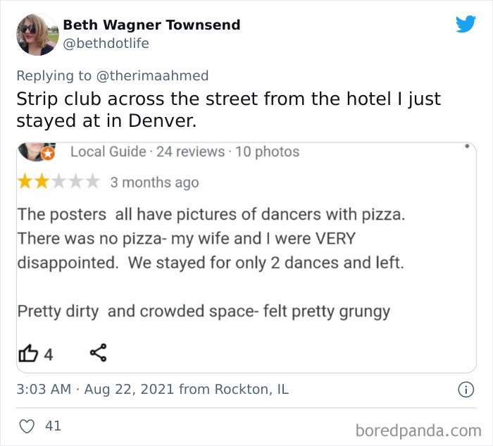 Стрип-клуб напротив моего отеля в Денвере, где я останавливалась, получил такой отзыв: "На всех рекламных постерах были изображены девушки с пиццей. Но пиццы там не было! Мы с женой были ОЧЕНЬ разочарованы. Посмотрели два танца и ушли. Очень грязно и многолюдно. Чувствовали себя крайне безобразно". Стрип-клуб напротив моего отеля в Денвере, где я останавливалась, получил такой отзыв: "На всех рекламных постерах были изображены девушки с пиццей. Но пиццы там не было! Мы с женой были ОЧЕНЬ разочарованы. Посмотрели два танца и ушли. Очень грязно и многолюдно. Чувствовали себя крайне безобразно".