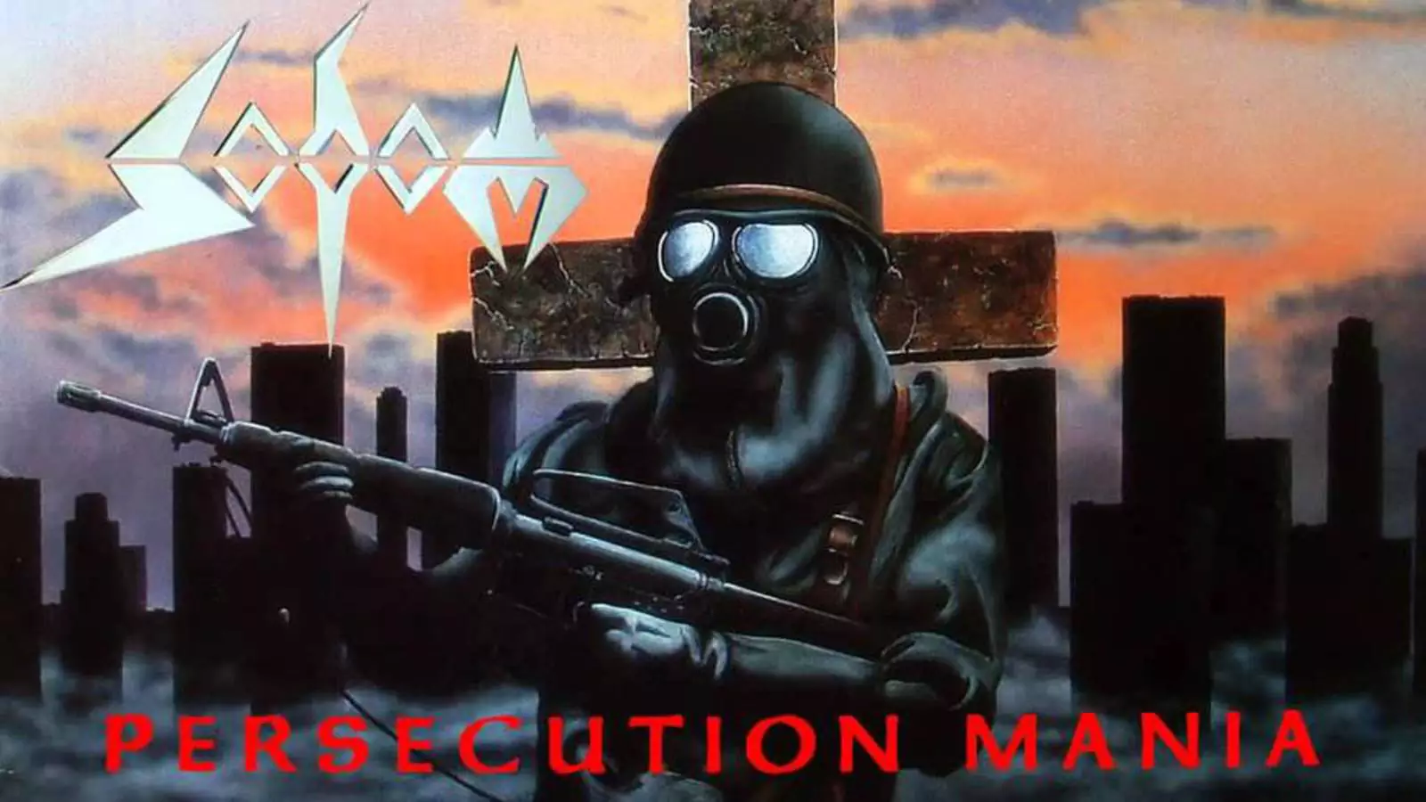 Обложка Persecution mania, классического трэшевого альбома группы Sodom