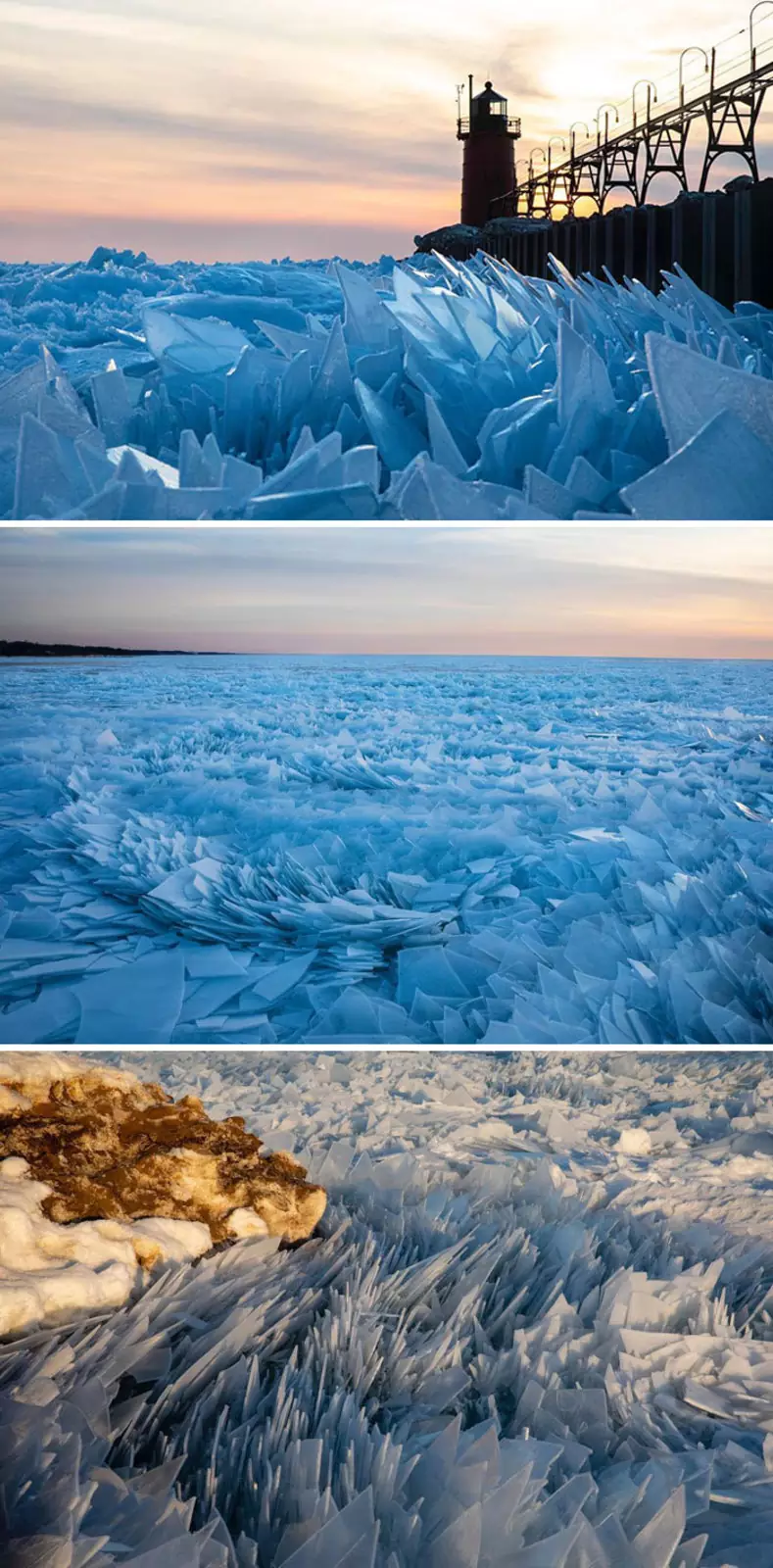 Из-за резкого перепада температур лед на озере раскололся на огромное количество осколков.