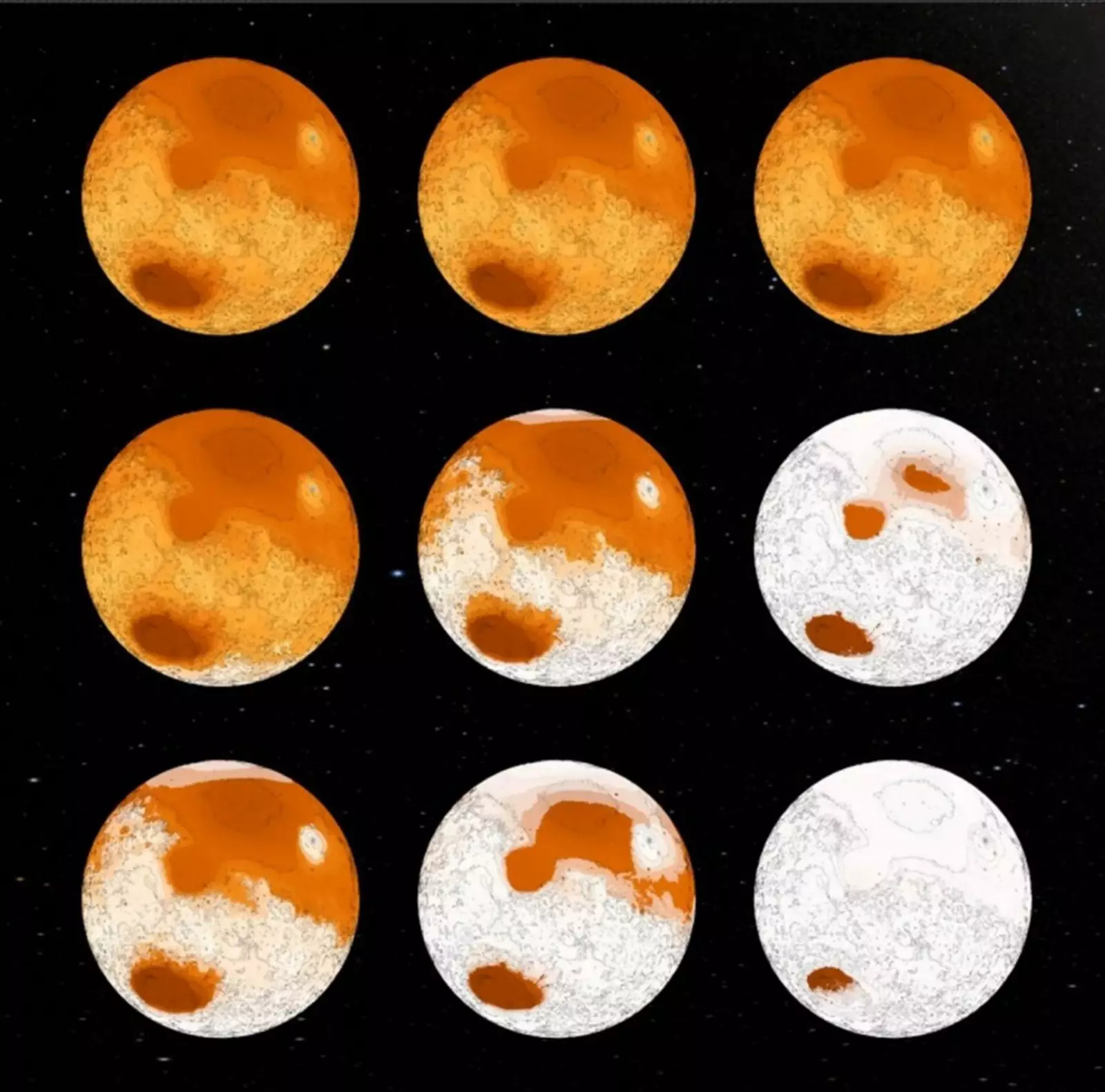 Модель, показывающая постепенное обледенение Марса в результате воздействия микробов на атмосферу. Модель, показывающая постепенное обледенение Марса в результате воздействия микробов на атмосферу.