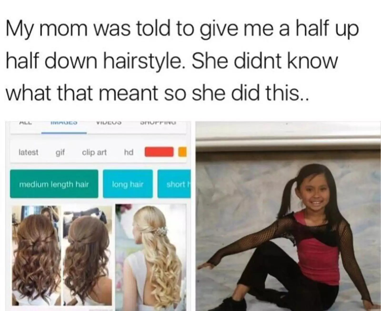 "Моя мама объяснила, что мне нужна прическа, где половина волос распущена, другая половина собрана. Мастер не поняла, что это значит и сделала вот это".