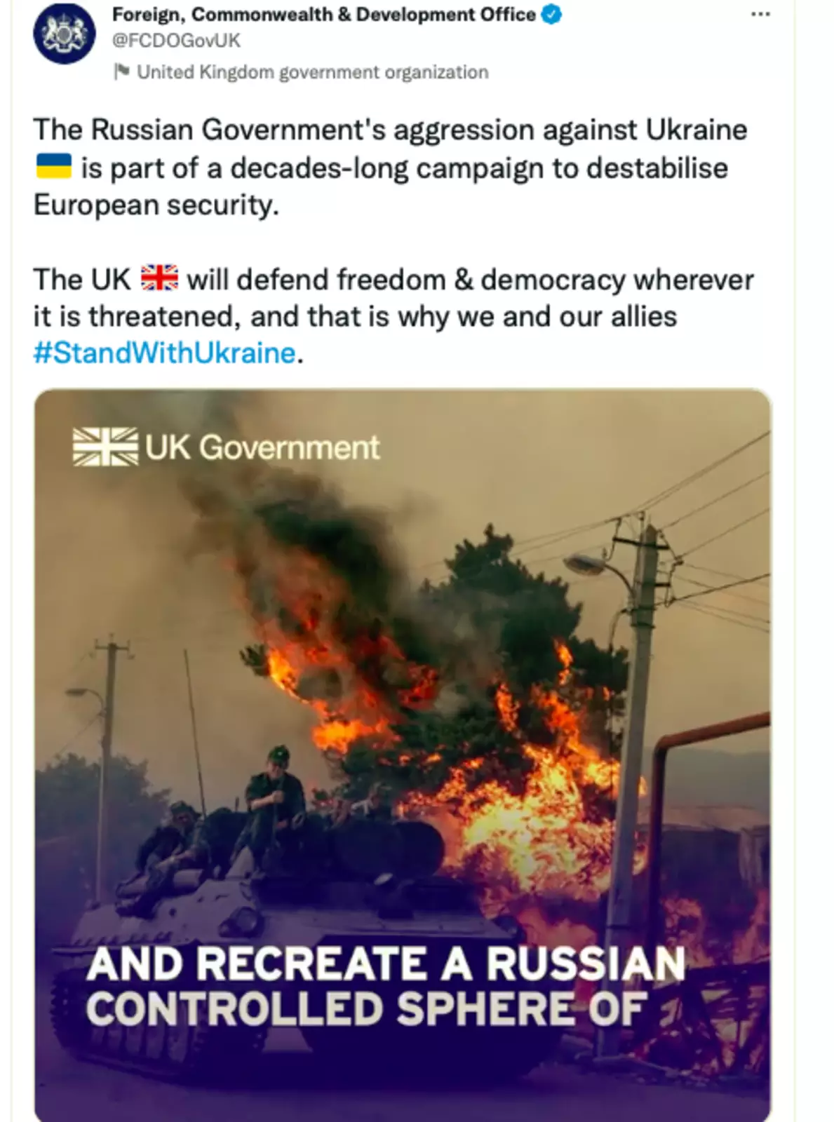 Агрессия российского правительства против Украины является частью многолетней кампании по дестабилизации европейской безопасности. Соединенное Королевство будет защищать свободу и демократию везде, где им угрожают, и именно поэтому мы и наши союзники #StandWithUkraine.