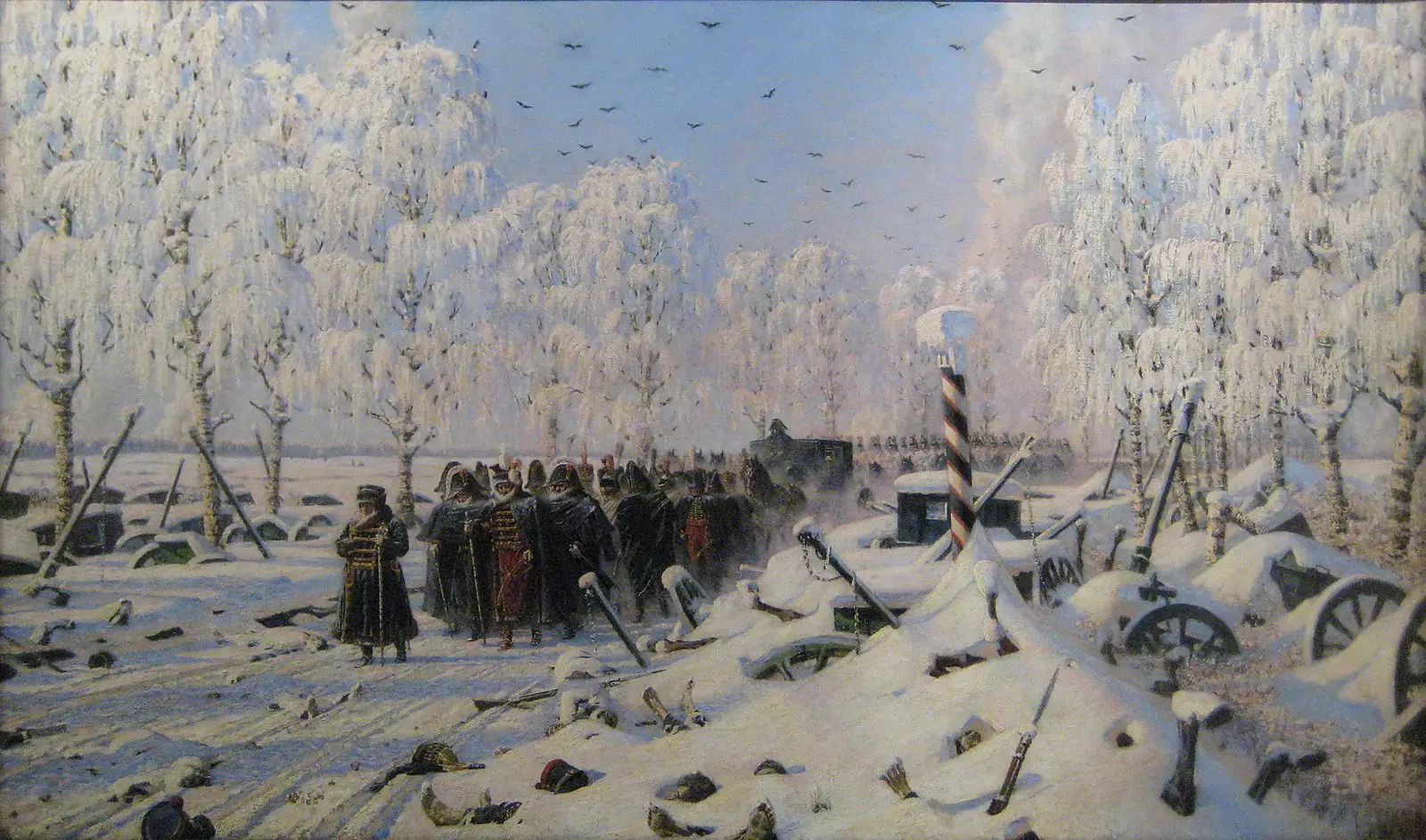Большая дорога из Красного по направлению к Минску. Закутанный в шубу Наполеон возглавляет шествие.
