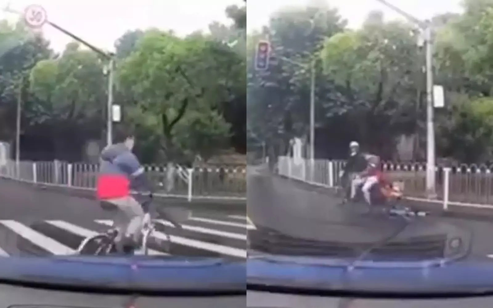 Велосипедист не пострадал в аварии, ловко пересев на мопед.